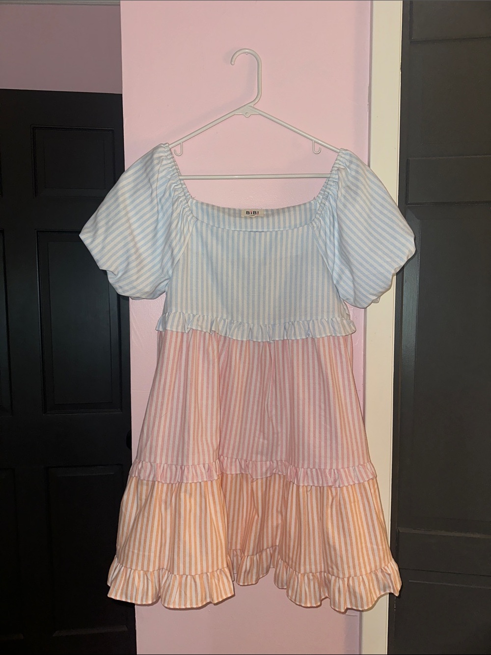 BiBi Blue, Pink & Peach Striped Tiered Dress